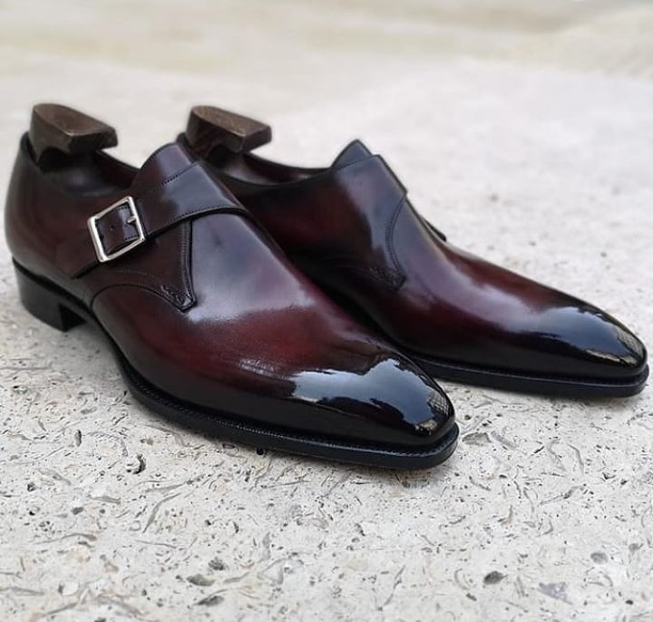 Stylish New Men's Handmade Burgundy Monk Leather Burnished Toe Shoes, Men Dress Buckle Shoes