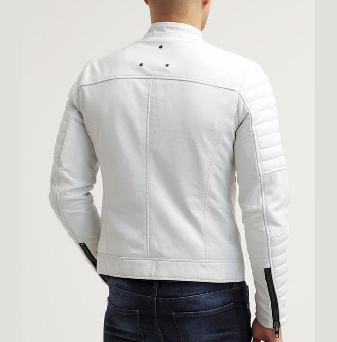 New Men White Color Slim Fit Leather Jacket, Men's Fashion Jacket