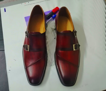 New Stylish Men's Handmade Burgundy Leather Double Monk Strap Dress Formal Shoes