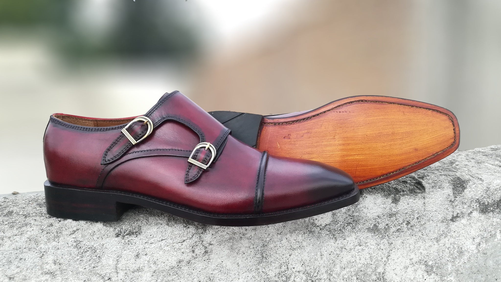 Elegant Mens Handmade Burgundy Color Leather Double Monk Strap Shoes, Men’s Cap Toe Formal Designer Shoes