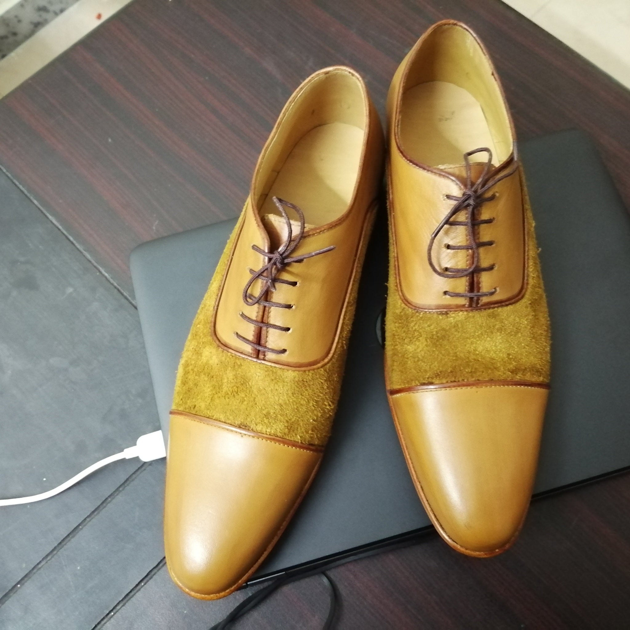 Handmade Mens Tan Color Leather Suede Formal Shoes, Men’s Designer Cap Toe Shoes