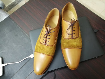 Handmade Mens Tan Color Leather Suede Formal Shoes, Men’s Designer Cap Toe Shoes