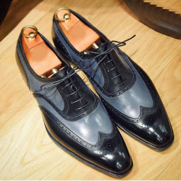 New Stylish Men's Handmade Gray &amp; Black Leather Wing Tip Brogue Lace Up Dress Shoes