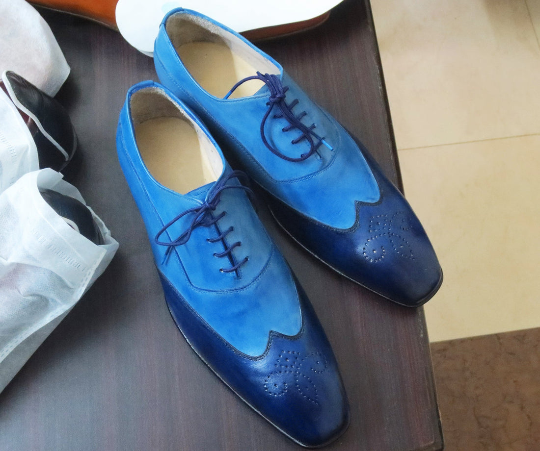 New Stylish Men's Handmade Two-Tone Blue Leather Wing Tip Brogue Lace-Up Dress Shoes