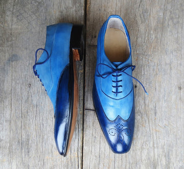 New Stylish Men's Handmade Two-Tone Blue Leather Wing Tip Brogue Lace-Up Dress Shoes