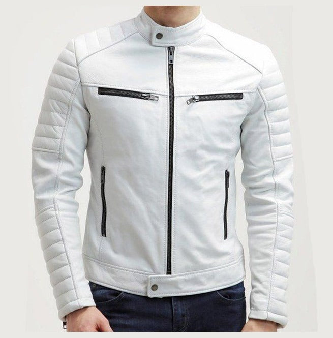 New Men White Color Slim Fit Leather Jacket, Men's Fashion Jacket