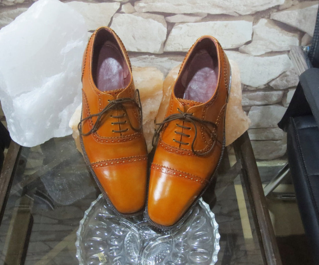 Mens Handmade Tan Color Leather Brogue Shoes, Men’s Cap Toe Dress Lace Up Shoes