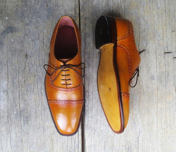 Mens Handmade Tan Color Leather Brogue Shoes, Men’s Cap Toe Dress Lace Up Shoes