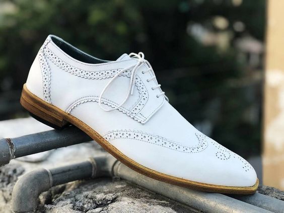 Mens Handmade White Color Wing Tip Brogue Shoes, Men’s Lace Up Leather Shoes