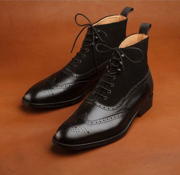 New Stylish New Handmade Men's Dark Brown Lace Up Wing Tip Brogue Leather &amp; Suede Boots