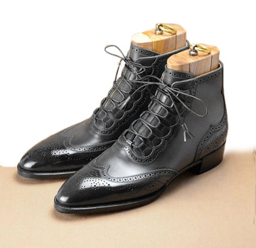 Handmade Mens Formal Ankle High Leather Wingtip Brogue Fashion Boots, Men Black Boots