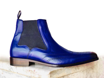 New Handmade Men’s Ankle High Leather Wing Tip Brogue Boots, Men’s Blue Color Chelsea Boots