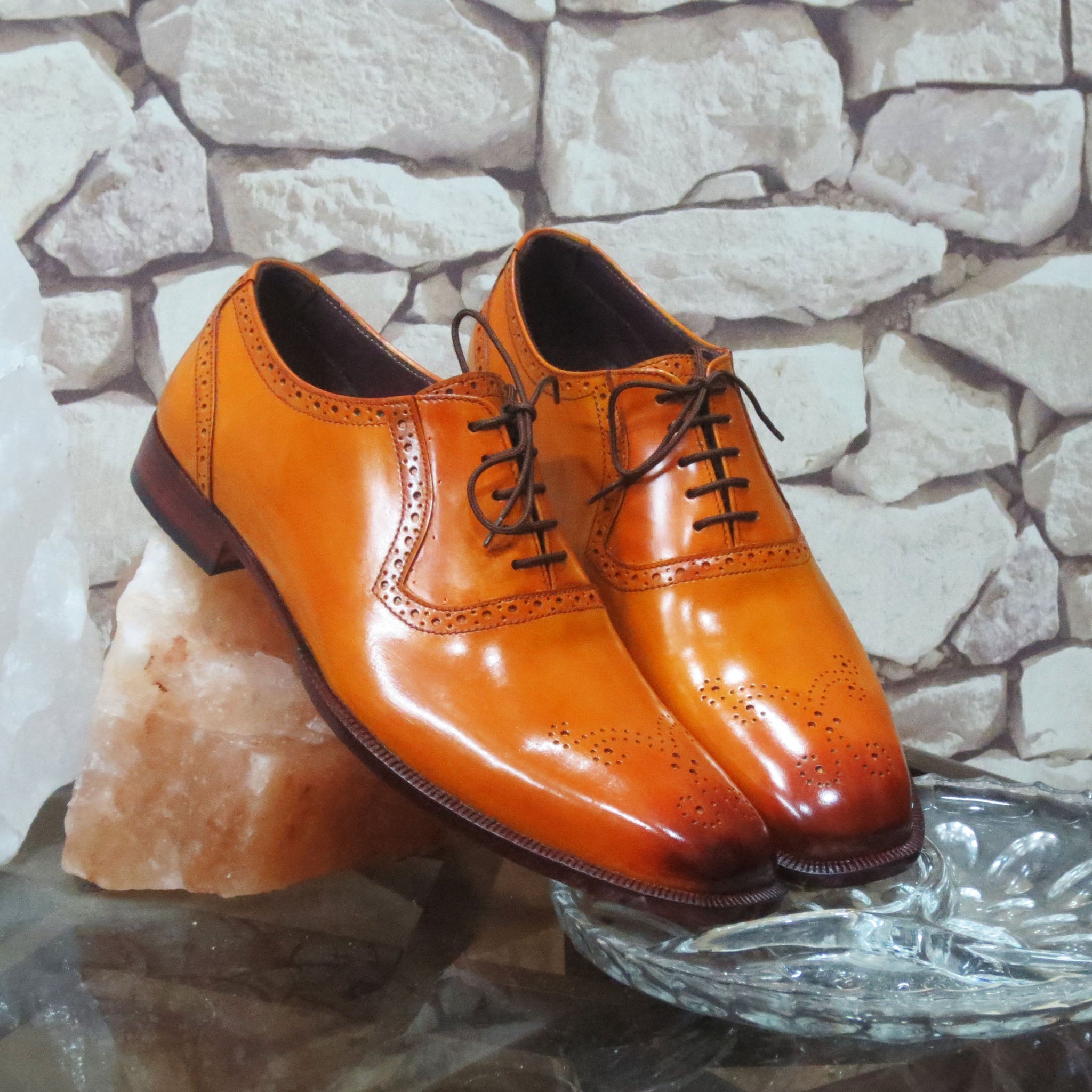 New Stylish Men's Handmade Tan Color Brogue Leather Lace Up Dress Shoes