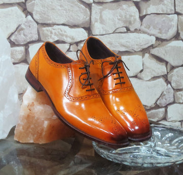 New Stylish Men's Handmade Tan Color Brogue Leather Lace Up Dress Shoes