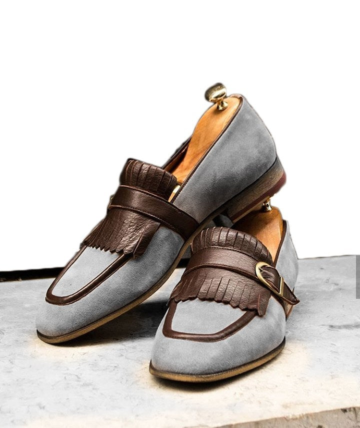 New Handmade Men’s Suede Monk Strap Casual Shoes, Men’s Gray &amp; Brown Color Slip On Fringe Shoes