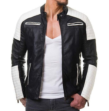 Stylish Men's Black and White Slim Fit Biker Jacket, Men Leather Jacket