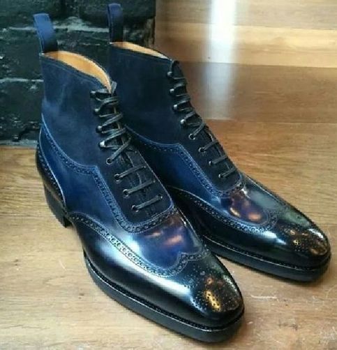 New Men's Handmade Blue Wing Tip Brogue Boots, Men Leather Suede Designer Boots