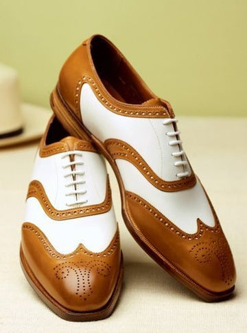 New Stylish Handmade Men's Oxford Wing Tip Brogue Tan &amp; White Leather Shoes