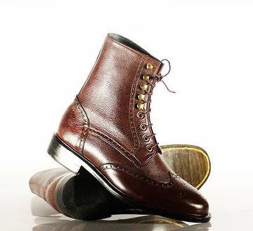 New Stylish Handmade Men's Chocolate Brown Pebbled Leather Wing Tip Brogue Lace Up Boots, Men Ankle Boots, Men Fashion Boots