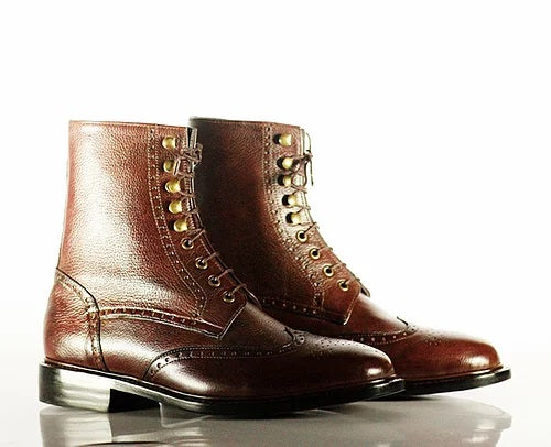 New Stylish Handmade Men's Chocolate Brown Pebbled Leather Wing Tip Brogue Lace Up Boots, Men Ankle Boots, Men Fashion Boots