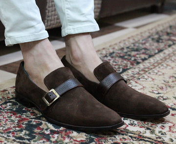 New Handmade Men’s Brown Suede Monk Strap Slip On Loafers, Men Brown Dress Shoes