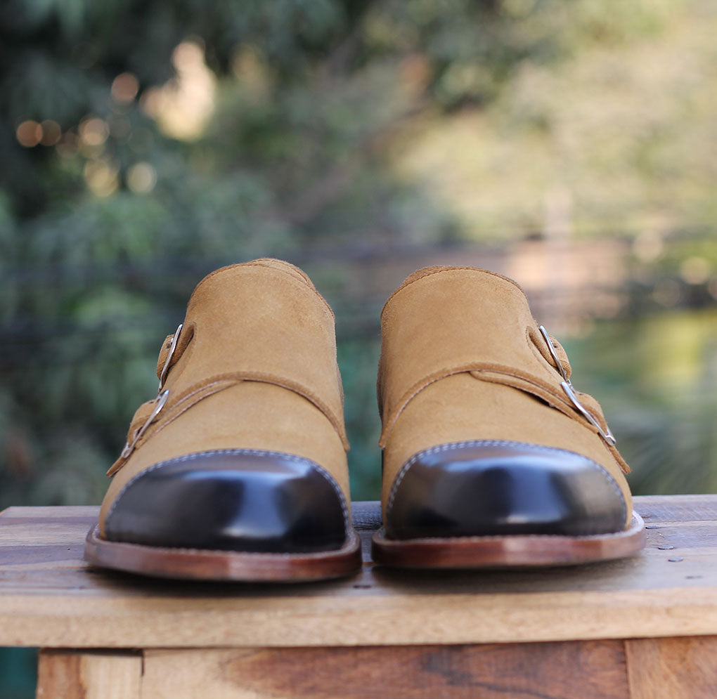 New Handmade Men's Leather Suede Cap Toe Shoes, Men Black Tan Double Monk Strap Shoes