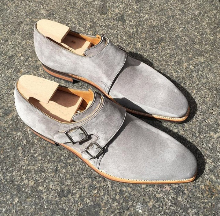 New Handmade Men's Gray Suede Double Monk Strap shoes