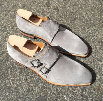 New Handmade Men's Gray Suede Double Monk Strap shoes