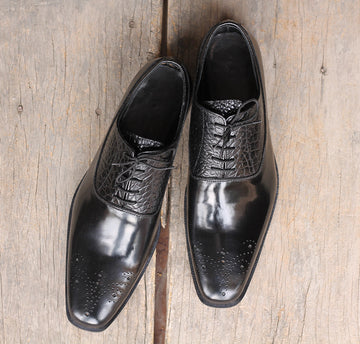 Handmade Men’s Black Color Brogue Leather Shoes, Men’s Formal Alligator Texture Leather Shoes