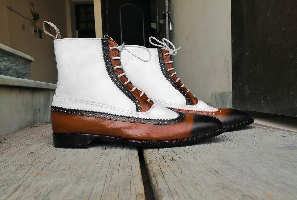 Mens Handmade Ankle High White Brown Formal Desing Boots