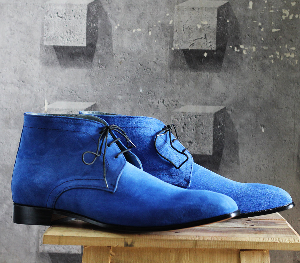 Men’s Handmade Blue Color Half Ankle Suede Leather Boots, Mens Chukka Boots