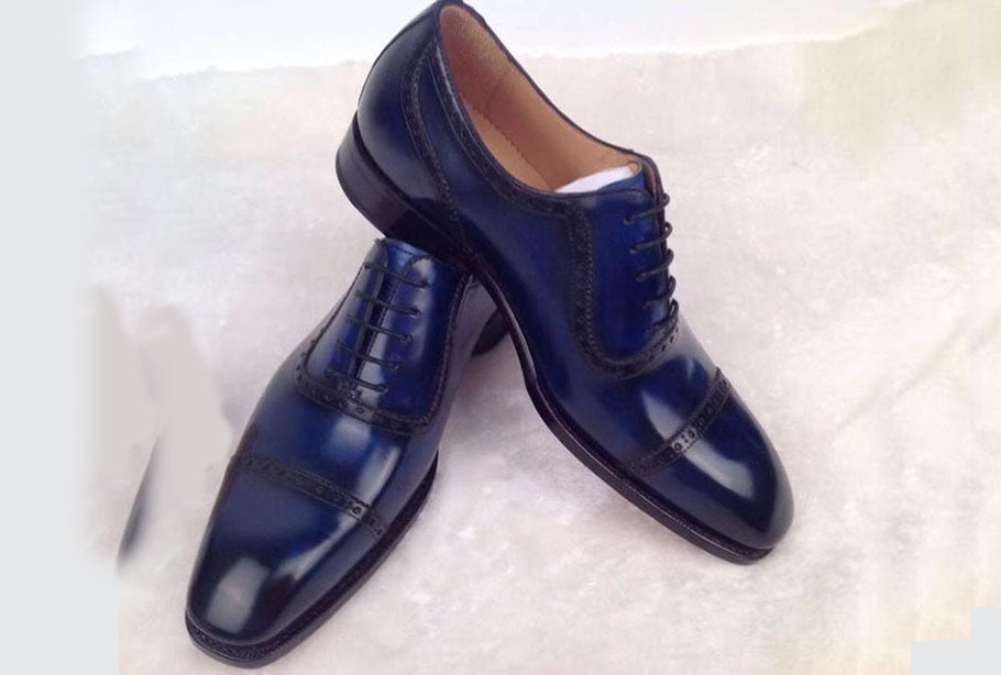 New Handmade Men’s Navy Color Leather Shoes, Men Cap Toe Dress Formal Lace Up Shoes