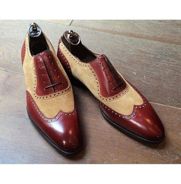 New Handmade Men's Two Tone Leather Formal Shoes, Beige And Brown Dress Shoes