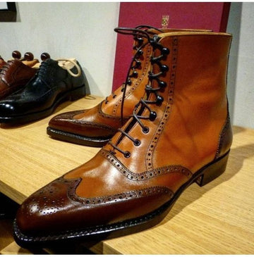 Brown Leather Wingtip Ankle Leather Boots, Men Leather Boots