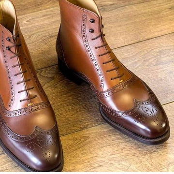 Mens Handmade Brown Color Wingtip Brogue Leather Boots, Mens Ankle High Brogue Boots