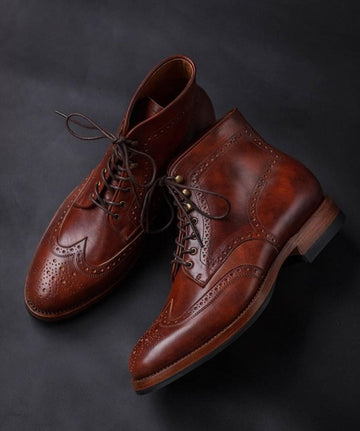 Mens Handmade Brown Color Wingtip Brogue Formal Designer Boots, Men Party Wear Boots