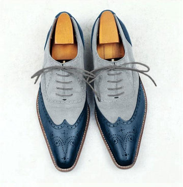 New Handmade Men's Elegant Formal Two-Tone shoes, Men's Leather &amp; Suede dress shoes, Gray Blue Leather Shoes