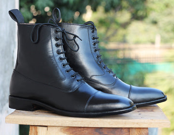 New Handmade Men's Ankle High Cap Toe Leather Dress boots, Men Black Lace-up Boots