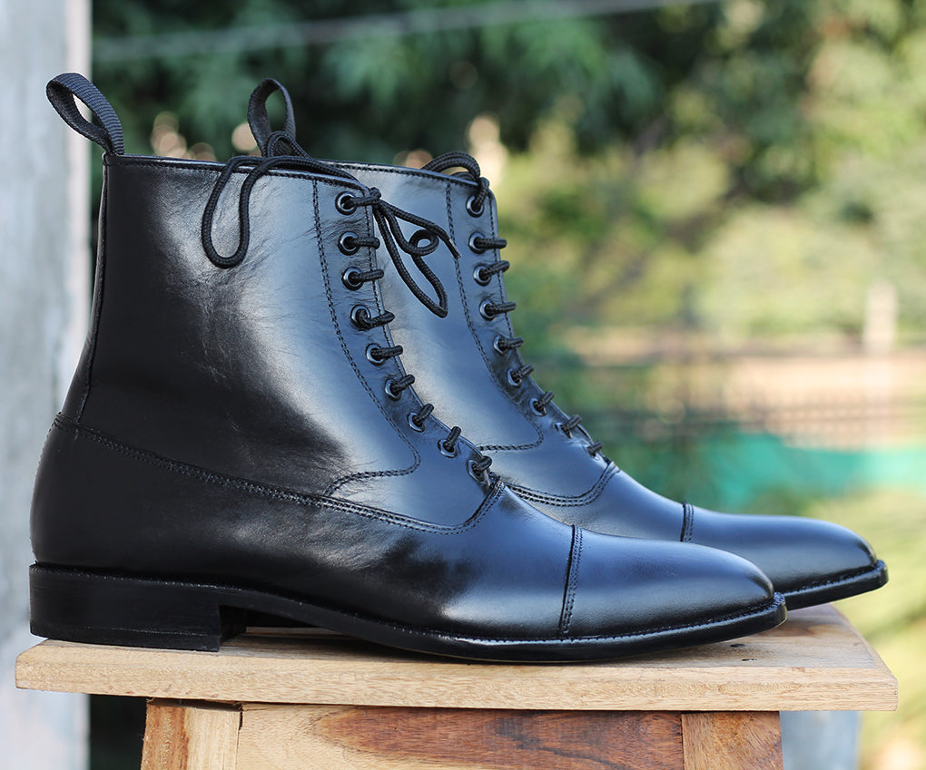 New Handmade Men's Ankle High Cap Toe Leather Dress boots, Men Black Lace-up Boots