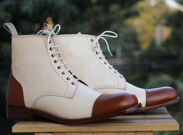 Mens Handmade Brown Cream Color Cap Toe Formal Ankle High Lace Up Boots