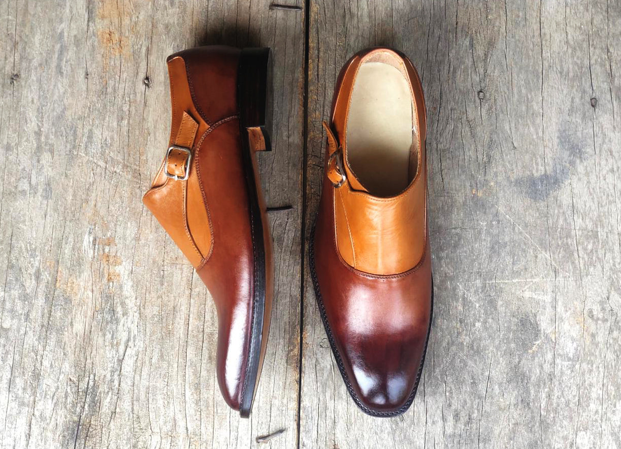 New Handmade Men's Tan & Brown Color Shoes, Men Stylish Leather Monk Strap Shoes