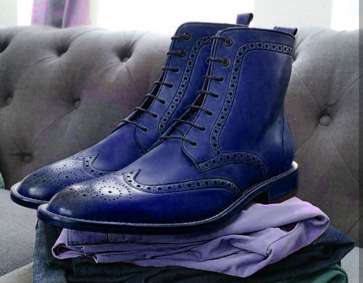 Stylish New Handmade Men's Wing Tip Brogue Leather Boot, Men Blue Ankle High Lace Up Boot