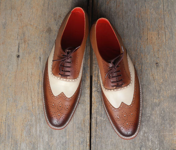 New Men’s Handmade Brown &amp; White Color Leather Shoes, Men Wing Tip Brogue Dress Formal Lace Up Shoes