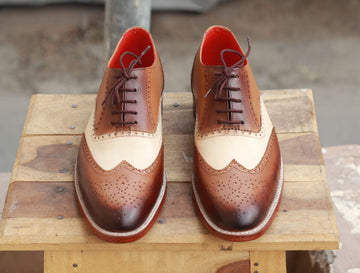 New Men’s Handmade Brown &amp; White Color Leather Shoes, Men Wing Tip Brogue Dress Formal Lace Up Shoes