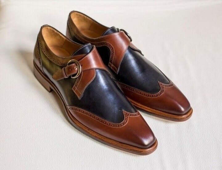 Mens Handmade Wingtip Fashion Two Tone Leather Shoes, Men’s Fronal Mon k Strap Buckle Leather Brown Navy Shoes