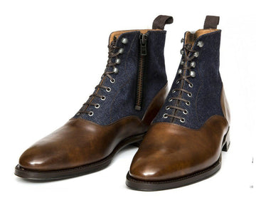 Men’s Handmade Formal Designer Handmade Leather &amp; Denim Boots, Mens Brown Color Leather Boots