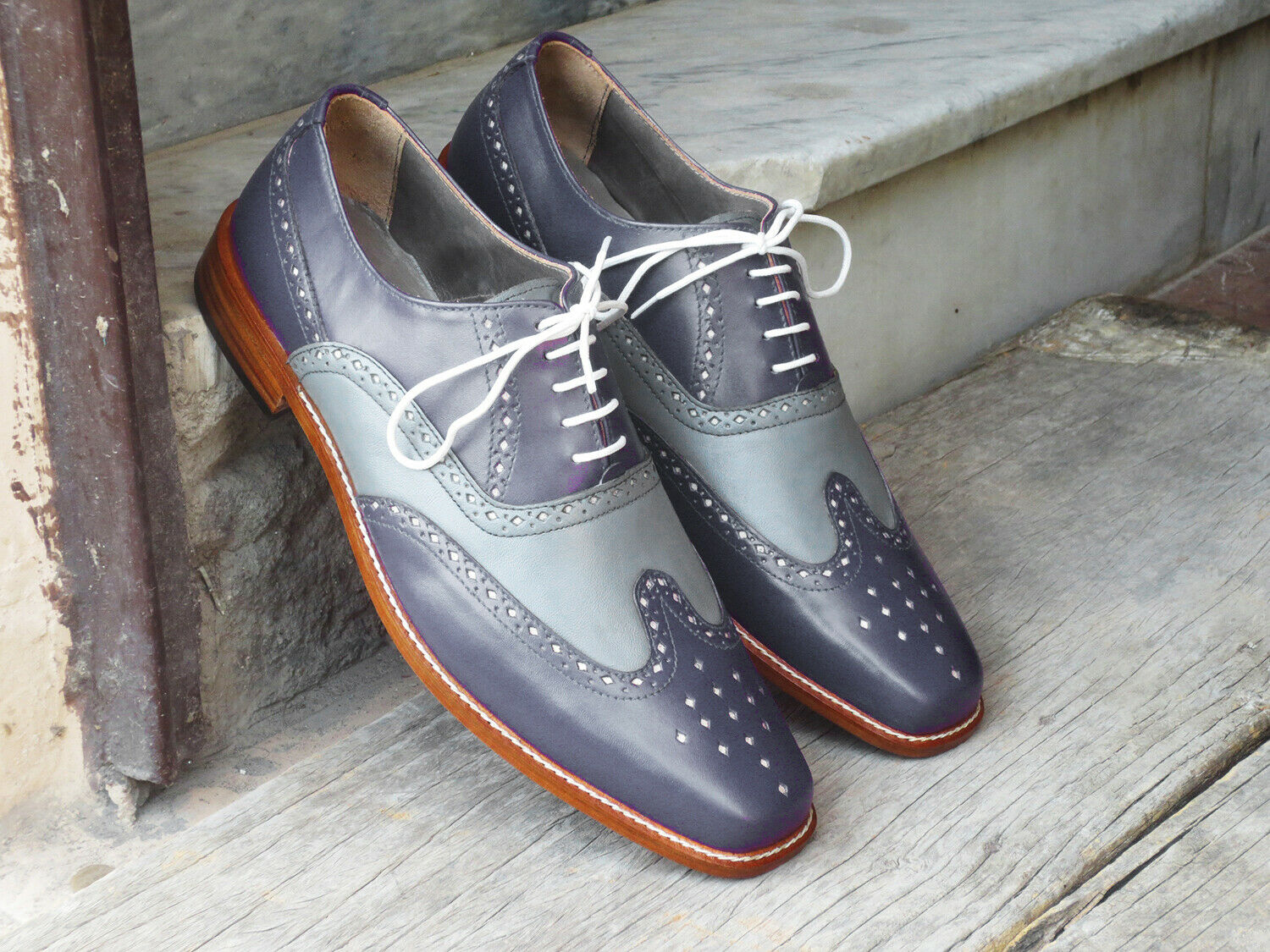 Mens Handmade Gray Wingtip Brogue Leather Lace Up Shoes, Men’s Dress Formal Shoes