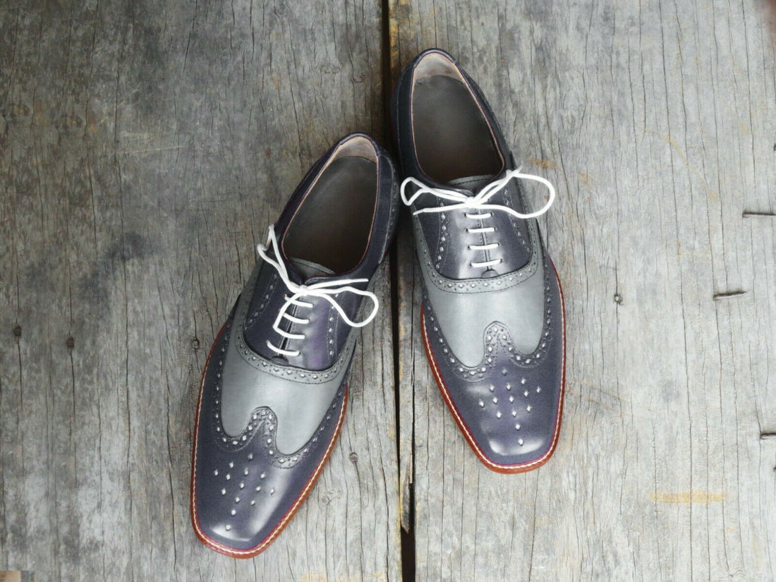 Mens Handmade Gray Wingtip Brogue Leather Lace Up Shoes, Men’s Dress Formal Shoes