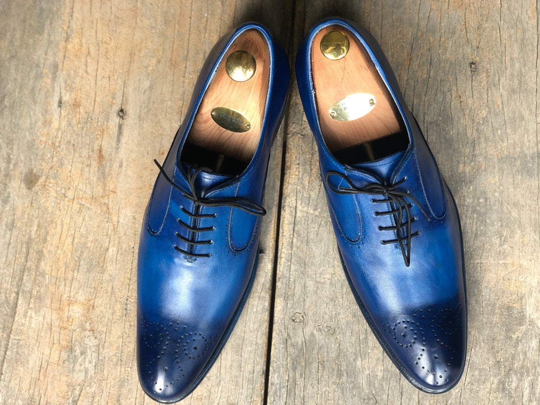 Mens Handmade Blue Color Brogue Formal Dressing Leather Shoes, Men Lace Up Leather Shoes