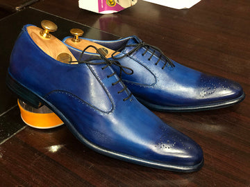 Mens Handmade Blue Color Brogue Formal Dressing Leather Shoes, Men Lace Up Leather Shoes